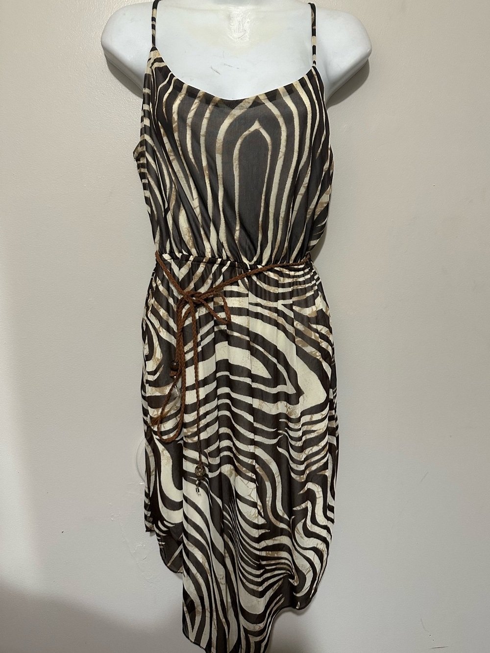 Ruby Rox Zebra Print Spaghetti Strap Dress Size M with Braided Belt